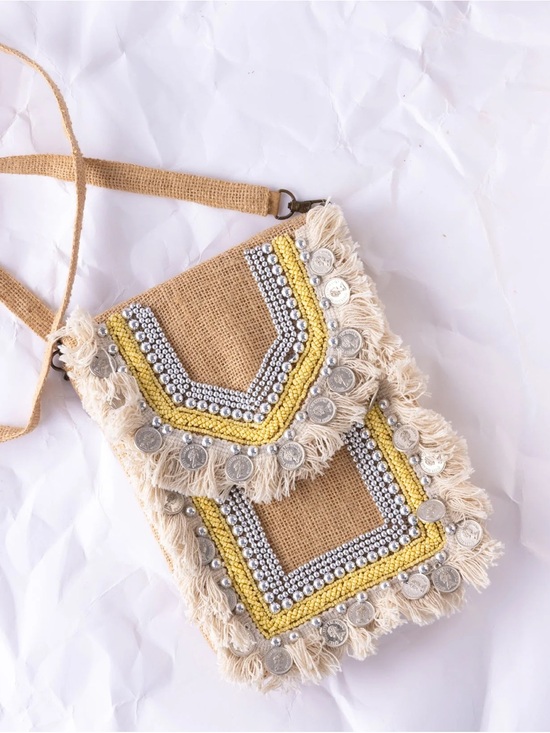 Valija Gitana Handbags - Boho Fringe Crossbody Bag in Natural and Yellow - NWT